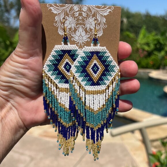 Handmade Beaded Native American Style Long & Large Fringe Dangle Drop Earrings - Picture 3 of 9